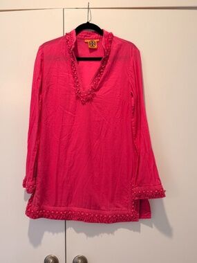Tory Burch Pink Pom Pom Trim Tunic Blouse Silk Blend Size 8